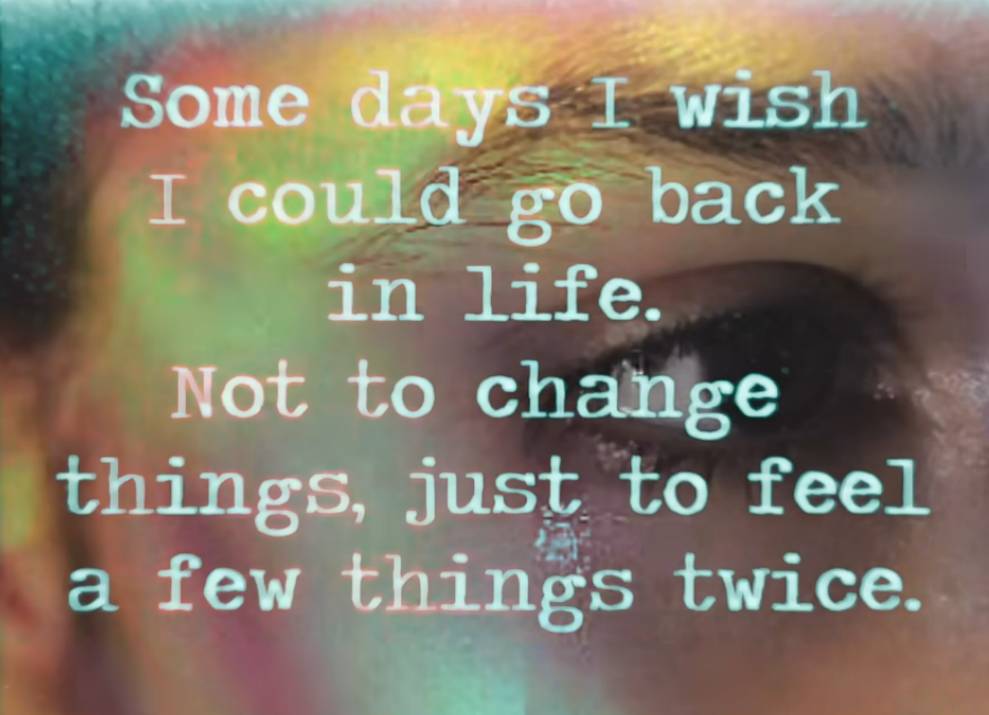 A close-up of a woman's tear-filled eye, overlaid with a quote about nostaliga.