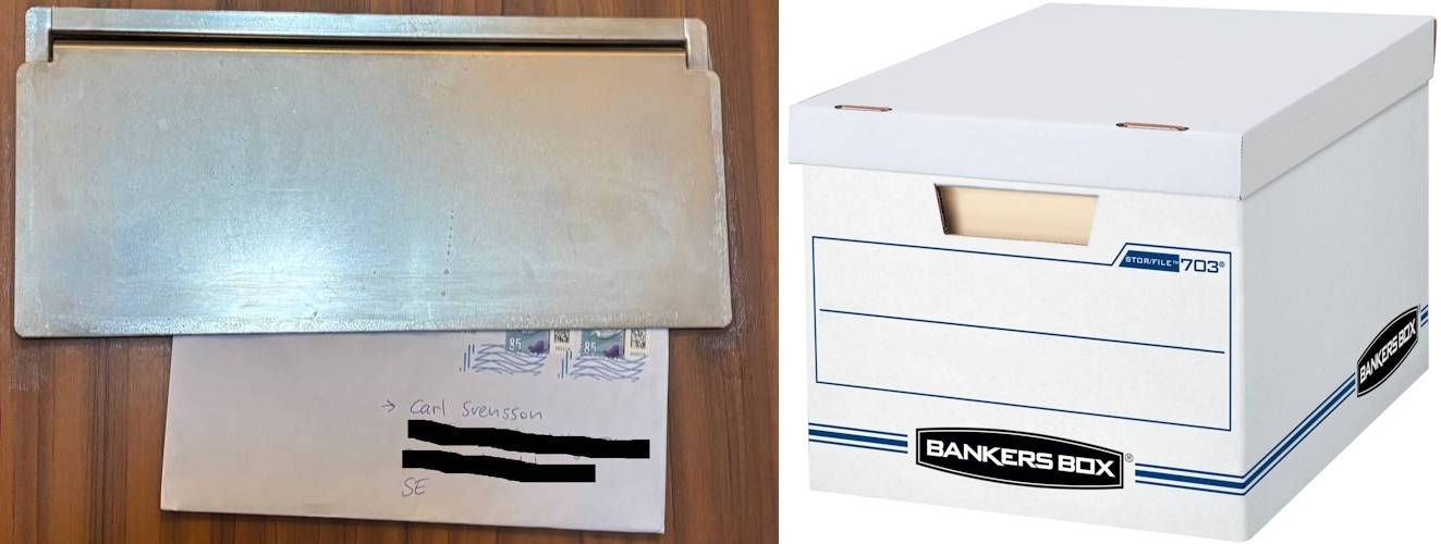 A composite of two images; a letter stuck in a mail slot, and a banker's box.