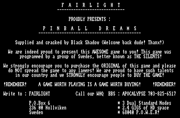 A screenshot from a Fairlight cracktro, strongly urging the user to buy an original copy of the game.